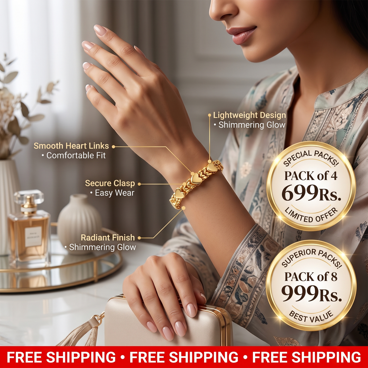 Women's Elegant Heart Link Bracelet | Pack of 4 | Lasts Forever
